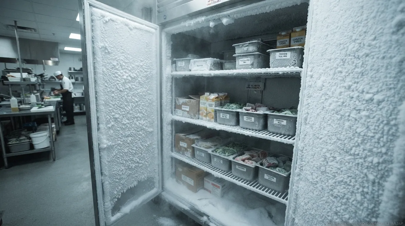 commercial stainless steel freezer with heavy frost in kitchen